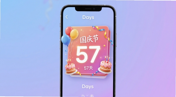 ����ʱ����Days������չʾ���ֻ���Ļ������ʾ�������ڵ���ʱ57��Ĳ�ɫ��Ƭ����Ƭ�ϴ��������뵰��װ��Ԫ�أ�����Ϊ��͵Ľ�������ɫ�����������������������������ʾ