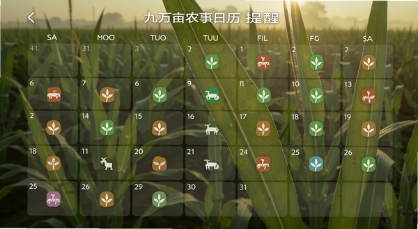 ����Ķũ���������ѽ��棬�����ϱ�ע��ͬ��ɫ��ũ��ͼ�꣬�������峿�����µ�ũ����ҶƬ��д��ɫ����Ȼ