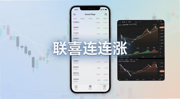 联喜连连涨软件主界面展示,手机屏幕内显示股票行情列表与涨跌曲线图,背景为浅色渐变,股票图表元素清晰,界面整洁现代,整体风格专业又亲民,画面中心突出联喜连连涨软件名称,适合软件介绍场景