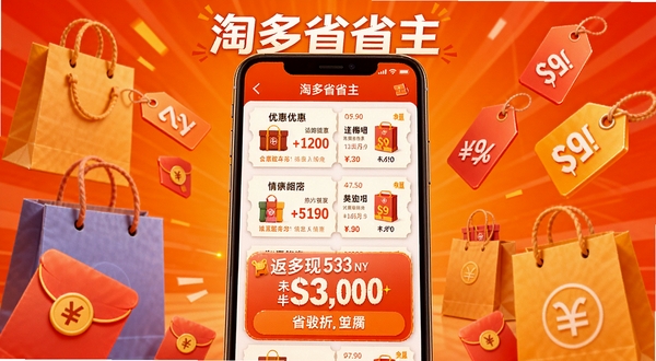 淘多省省主界面预览图,画面中央是手机屏幕特写,屏幕内展示各类商品优惠券列表和醒目返现金额,背景采用明亮的橙红色渐变,四周点缀购物袋、红包、折扣标签等元素,整体风格活泼、商业化,突出省钱购物的核心功能