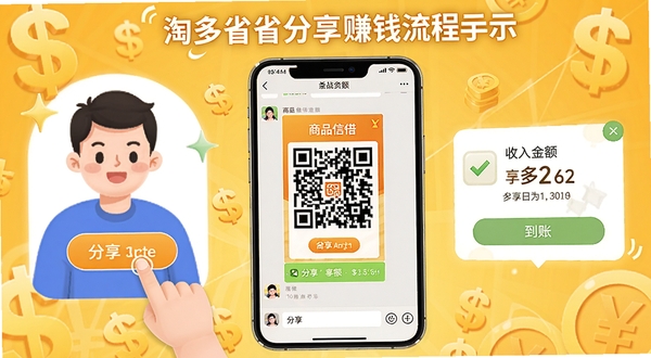 淘多省省分享赚钱流程示意图,画面左侧是用户点击分享按钮,中间是手机微信聊天界面中带有二维码的商品海报,右侧是收入金额到账的悬浮通知,背景采用暖黄色货币符号元素,突出社交分享与佣金收益主题
