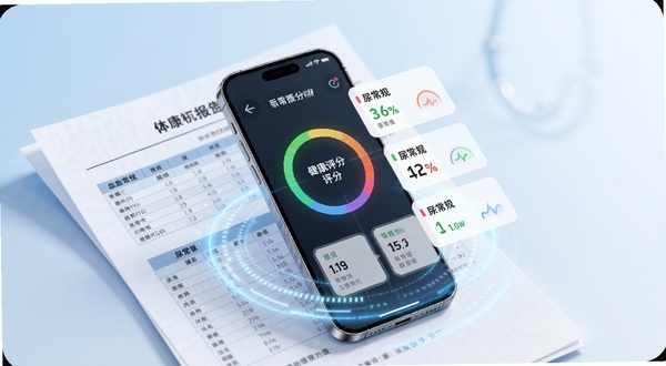 体检报告健康分析助手核心功能预览图,画面中央是一部正在扫描纸质体检报告的智能手机,屏幕亮起显示彩色健康评分环与各项指标解读卡片,背景为柔和渐变的医疗蓝白色调,报告纸张上清晰可见血常规与尿常规项目表格,光线明亮干净,手机投射出淡淡的数据光晕,整体画面专业且充满科技感,适配Boogu模型生成