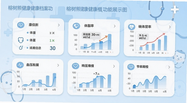 榕树熊健康健康档案功能展示图,界面采用卡片式布局,清晰罗列体重、体脂率、血压等关键指标,背景为浅蓝色医疗风格,配以精细的线条图标和圆润的数据图表,突出数据管理的清晰与便捷