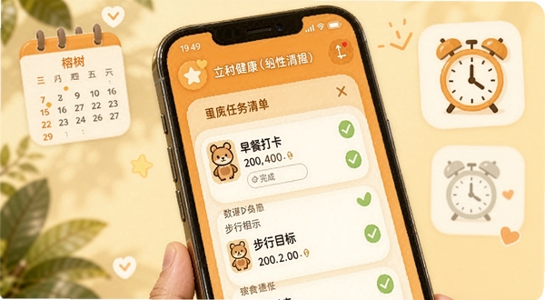 榕树熊健康个性化计划界面模拟图,手机屏幕展示一周健康任务清单,包含早餐打卡和步行目标,日期旁有完成勾选标记,界面背景为暖橙色,配有日历和闹钟的小组件元素,风格温馨且富有鼓励性