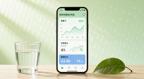 榕树熊健康主界面预览图,画面中央展示手机应用的健康数据仪表盘,包含体重曲线、步数统计和睡眠时长模块,整体风格清新简约,背景为浅绿色渐变,带有柔和的光影效果,前景桌面摆放着一杯水和一片绿叶,突出健康生活主题