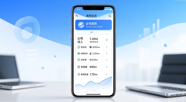 企业信息通用查软件主界面示意图,画面中央为手机屏幕,屏幕内显示某企业详细信息卡片,包含公司名称、法人、注册资本等条目,背景为蓝白渐变色商务风格,简洁明亮,符合企业查询工具定位,整体画面清晰,细节丰富。