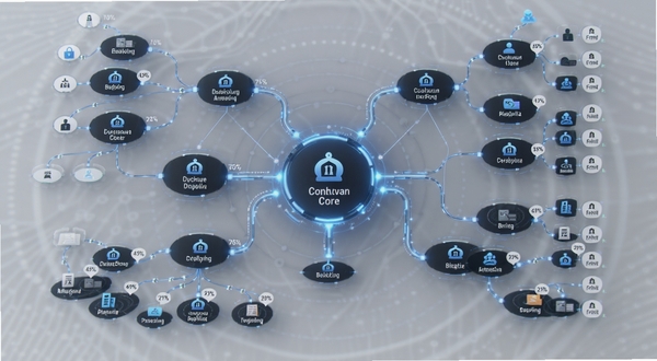 企业信息通用查企业图谱预览图,画面显示复杂的股权结构树状图,中心为公司名称,四周通过线条连接股东及子公司节点,配有简洁的图标和百分比标注,整体界面科技感强,数据可视化清晰,背景为浅灰色调,风格专业美观。