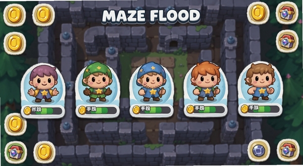 Maze Flood��ɫѡ����棬չʾ�����ͬ���͵Ŀ�ͨ��ɫ��ÿ����ɫ�·��������������汳��Ϊ�Թ����ͼ���н�Һ͵���ͼ���׺��UI���Բ��ɰ���ɫ�ʷḻ���ʺ�ȫ����Σ�16:9����չʾ