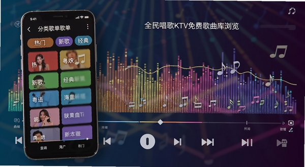 ȫ�񳪸�KTV��Ѹ�����������棬�ֻ���Ļչʾ����赥���������š��¸衢���䡢����ȱ�ǩ������Ϊ���ֲ������Ķ�̬Ƶ�ף�����ɫ�����ޣ����ֺ�������ķḻ��