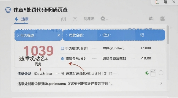 违章处罚代码速查的代码查询结果页面,显示“1039”代码对应的违章详情,包括行为描述、罚款金额和记分,界面清晰标注关键词,背景淡灰色,突出信息展示,整体风格简洁专业