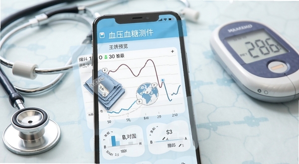 血压血糖测软件主界面预览图,手机屏幕展示血压血糖记录图表,背景为淡蓝色医疗风格,桌面有听诊器和血糖仪,整体画面明亮清晰,突出健康管理主题
