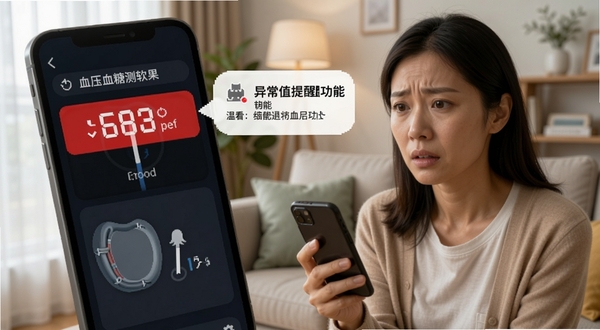血压血糖测软件异常值提醒功能示意图,手机屏幕显示红色高亮的血压数值,旁边弹出温馨提示气泡,背景为家庭客厅环境,人物手持手机面露关切表情,画面温馨写实