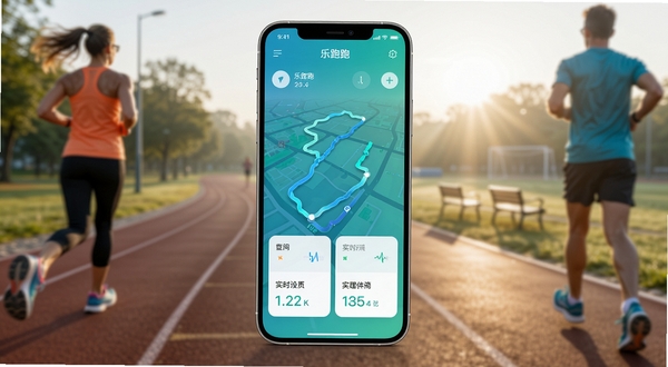 乐跑跑软件主界面预览图,展示动态轨迹地图与实时数据卡片,背景为清晨公园跑道,界面风格简洁现代,以蓝绿色为主色调,手机屏幕居中显示,周围有模糊的运动场景元素,画面高清写实