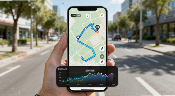 乐跑跑轨迹记录功能示意图,手机屏幕显示详细的地图路线,带有起点与终点标记,配速曲线图悬浮在界面下方,背景为户外街道实景,画面明亮清晰,突出定位精准与科技感
