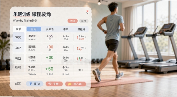 乐跑跑训练计划页面效果图,展示一周训练安排表与课程详情,包含配速区间和心率区间提示,背景为室内运动场景,画面色彩柔和,信息层级分明,体现科学训练理念