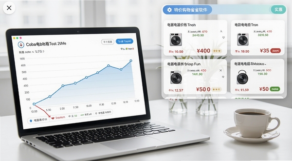 特价购物省省软件的比价功能截图,屏幕左侧显示一件热销电器的价格历史曲线,右侧列出多个电商平台的同款价格对比卡片,背景为明亮的现代办公桌,配以笔记本电脑和咖啡杯,整体画面清爽专业,突出数据透明和实惠感