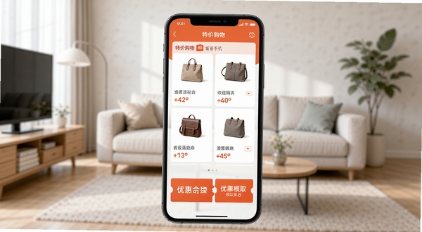 特价购物省省手机应用主界面展示,屏幕上显示各类商品折扣信息和优惠券领取界面,背景为现代简约风格的客厅,柔和的自然光线,画面中心突出app界面细节,商品图片清晰可见,色彩明亮,营造出实惠购物的氛围
