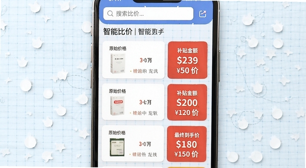 补贴省钱优惠软件功能示意图,一张手机截图展示搜索某商品后呈现的多平台比价结果列表,每个商品卡片上清晰标注原始价格、补贴金额和最终到手价,背景为淡蓝色网格纸纹理,上方有搜索框和“智能比价”字样,整体风格清晰直观,适合功能说明配图
