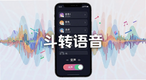 斗转语音主界面预览图,手机屏幕展示音色选择列表和变声开关按钮,背景是多彩声波波纹,现代扁平化设计风格,画面中心突出APP名称“斗转语音”,整体色调活泼明快,突出语音变声的核心功能,高清渲染,适合应用商店展示