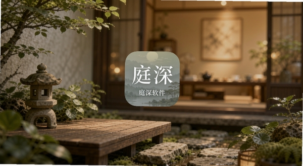 庭深软件的启动界面预览图,画面主体是素雅的庭院一角,带有木质平台和绿植,背景是虚化的室内暖光,整体风格宁静致远,突出“庭深”App的沉浸式记录氛围,界面简洁,包含应用名称“庭深”字样。