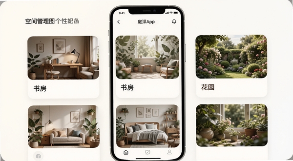 庭深App的“空间管理”功能预览图,画面展示手机界面中多个不同风格的空间卡片,如“书房”、“花园”,每个卡片有独特的背景图和名称,界面采用卡片式滑动设计,色调柔和,突出个性化管理功能。