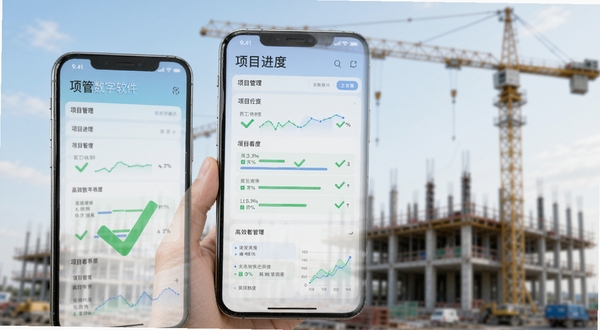 建管数字软件主界面展示,前景为手机屏幕显示项目进度看板与绿色对勾图标,背景是模糊的建筑工地塔吊轮廓,整体色调清新明亮,采用写实风格,突出高效管理与数字化体验。