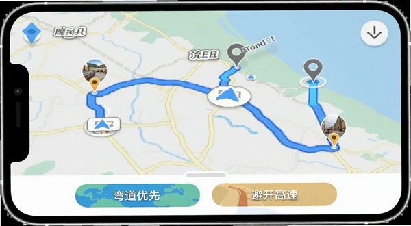流星摩途软件界面截图风格图,展示智能手机上的路径规划页面,地图上显示一条蜿蜒的蓝色路线,途经多个景点标记,界面下方有“弯道优先”和“避开高速”的选项按钮,整体UI设计清爽,色彩鲜明,突出智能导航功能,图片为横向构图。