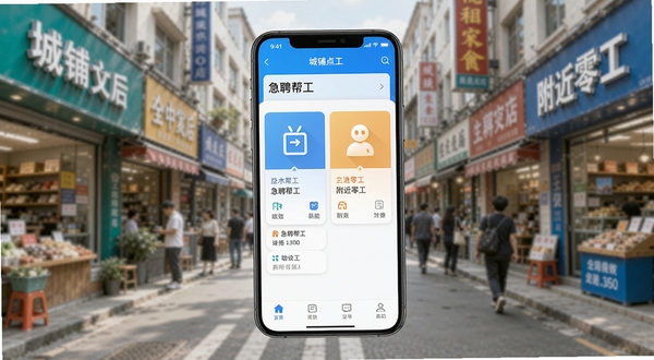 城铺点工软件主界面预览图,画面中心展示手机应用内的“急聘帮工”与“附近零工”两大核心功能卡片,背景为虚化的城市商铺街景,整体风格清爽明亮,突出便捷与高效感