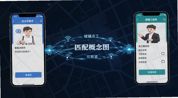 城铺点工软件匹配过程概念图,画面左侧是店主发布需求的手机界面,右侧是点工接单的手机界面,中间通过一条发光的网络线连接,背景为简单的城市地图轮廓,强调智能与快速