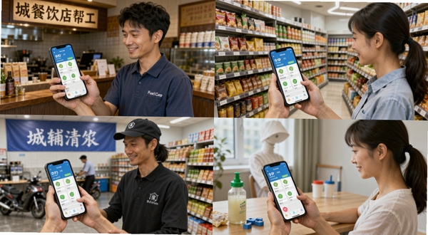 城铺点工软件应用场景拼贴画,展示餐饮店帮工、超市理货、活动安保、家政清洁四个小场景,每个场景中都有用户使用手机软件操作,画面色彩丰富且充满生活气息