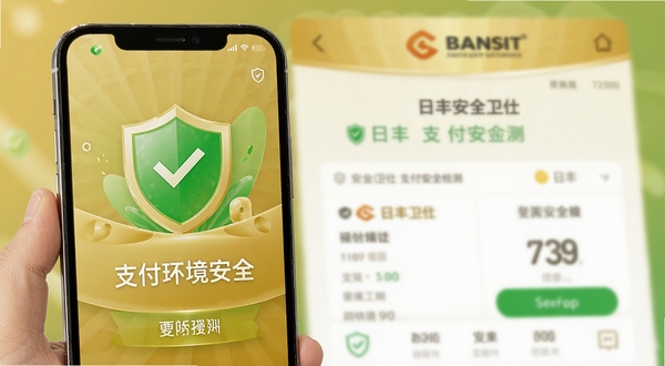 日丰安全卫士支付安全检测界面,手机屏幕上显示绿色安全盾牌和“支付环境安全”字样,背景为模糊的银行APP界面,整体色调以金色和绿色为主,画面明亮干净,体现安全可信赖感