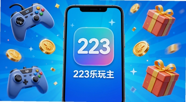 223乐玩主界面展示,手机屏幕中央显示APP图标及名称,背景为渐变色科技蓝,周围悬浮着游戏手柄、金币、礼包等元素,整体风格明亮活泼,高清渲染图