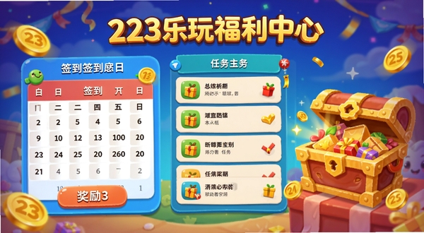 223乐玩福利中心界面,展示签到日历、任务列表和奖励宝箱,色彩鲜艳,金币动画特效点缀,氛围喜庆