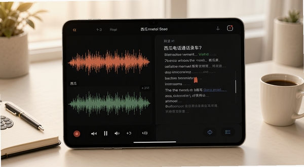 西瓜电话通话录音转写功能界面预览,画面展示录音波形与文字转写结果对比,背景为简约的商务办公桌,有笔记本和咖啡杯,色调温暖明亮,突出高效记录与便捷回顾的使用场景