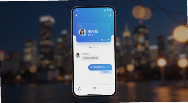 聊搭搭软件主界面预览图,界面简洁现代,以蓝白渐变为主色调,中央显示用户卡片和聊天气泡,背景为虚化的城市夜景和暖色光斑,突出社交氛围,高清渲染,无文字水印