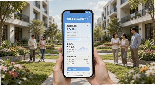 红象生活社区服务功能,手机展示物业报修进度和邻里广场讨论区,背景为现代小区花园,居民散步聊天,界面蓝色柔和,突出社区和谐氛围