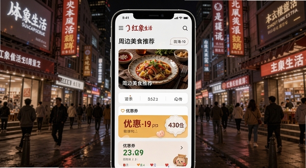 红象生活本地资讯页面,展示周边美食推荐和优惠券列表,背景为繁华商业街夜景,手机界面色彩丰富,卡片式布局,突出本地化生活气息