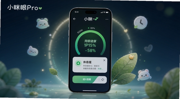 创作一幅展示小眯眼Pro软件核心界面的概念图,画面中央是一部亮着护眼监测界面的智能手机,屏幕上显示着绿色的用眼健康评分与休息提醒弹窗,手机周围环绕着柔和的光晕和代表放松的绿叶、时钟图标,背景采用深蓝色渐变,营造一种科技感与舒缓氛围,画面中需包含“小眯眼Pro”字样。