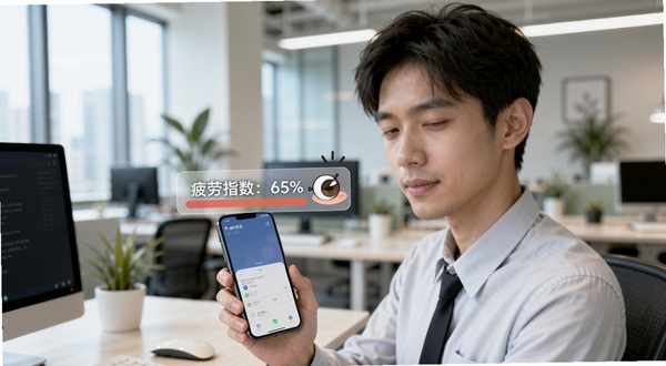 展示小眯眼Pro疲劳监测功能的应用场景,画面为一位年轻白领在办公室内使用手机,手机屏幕上方悬浮着一个半透明的状态指示条,显示“疲劳指数:65%”,旁边有一个卡通风格的眼睛图标正眨着眼睛,背景是现代化的办公环境,画面风格写实且色调明亮,突出软件的智能监测特性。