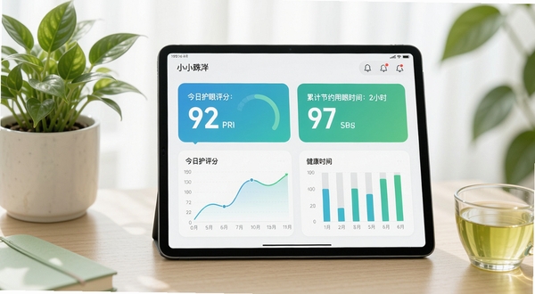 生成一幅显示小眯眼Pro统计报表界面的图片,画面主体是一个平板电脑,屏幕上展示着带有曲线图和柱状图的健康报告页面,包含“今日护眼评分:92”和“累计节约用眼时间:2小时”的醒目数据卡片,桌面摆放着绿植和一杯清茶,整体风格简约清新,突出数据可视化与健康生活的理念。