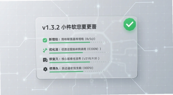 设计一张小眯眼Pro软件更新日志的展示图,画面背景为浅灰色的科技网格,前景是一块悬浮的透明玻璃卡片,卡片上清晰罗列着v1.3.2版本的新增、优化与修复条目,卡片右上角有一个绿色的对勾徽章,代表版本稳定,整体风格扁平化且具有现代感。