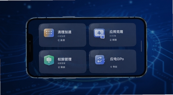 小眯眼Pro主界面功能全景预览图,画面中央展示手机屏幕内的应用主界面,以卡片式布局呈现清理加速、权限管理、应用克隆等核心功能模块,背景采用深蓝色渐变科技感氛围,图标高光质感细腻,整体风格现代简洁,突出软件的专业与可靠感。