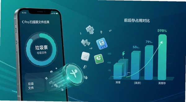 小眯眼Pro智能清理加速功能示意图,画面左侧为手机模型,屏幕显示垃圾文件扫描结果圆形图表,右侧为清理前后内存占用对比的动态柱状图,整体色调以蓝绿色为主,强调安全与高效,视觉元素包含悬浮的碎片、缓存图标被吸入清理按钮的动效捕捉。