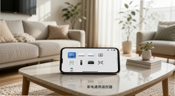 һ���ִ���Լ���Ŀ�������ͼ����������Ĳ輸�ϰڷ���һ�������ֻ����ֻ���Ļ��ʾ�żҵ�ͨ��ң�����Ĳ������棬�������е��ӡ��յ��������еȶ���豸ͼ�꣬����Ϊ��ܰ���ʵľӼһ�������͵���Ȼ��͸���������룬����ɫ��������ͻ���������������У���������ҵ�ͨ��ң��������
