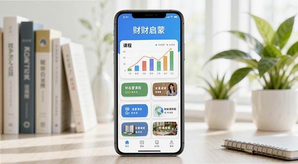 财启蒙软件主界面展示,画面中央是一部智能手机,屏幕显示彩色图表与课程列表,背景是明亮的书房,书籍与绿色植物点缀,营造出专业又轻松的学习氛围,整体画面清晰干净,突出软件名称财启蒙。