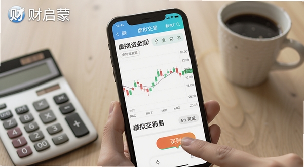 财启蒙模拟交易功能截图,手机屏幕展示K线图与虚拟资金账户界面,手指正在点击买入按钮,背景是模糊的办公桌场景,有计算器与咖啡杯,画面强调实操感,包含软件名称财启蒙字样。