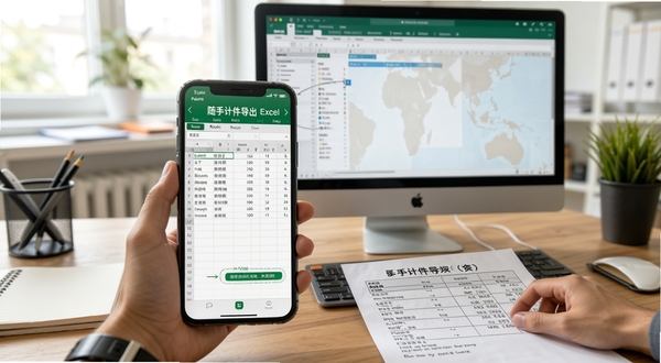 随手计件导出Excel表格示意图,屏幕上展示手机导出报表的操作界面,旁边放着一份打印出来的工资明细表,背景为办公室桌面,强调对账的便捷性