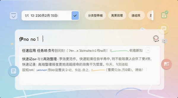 伊诺应用的任务创建界面截图,上方有日期选择器和分类标签,下方是文本输入区域,背景采用柔和渐变,配以简洁的图标点缀,整体风格清爽直观,突出快速记录与高效整理的特性。