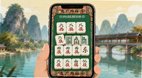 一幅色彩明快的现代插画,画面中央是正在运行友乐广西麻将的手机特写,屏幕中清晰显示广西特色牌型与壮锦纹样边框,背景虚化处理,呈现出桂林山水与风雨桥轮廓,整体风格温馨接地气,突出本土棋牌氛围
