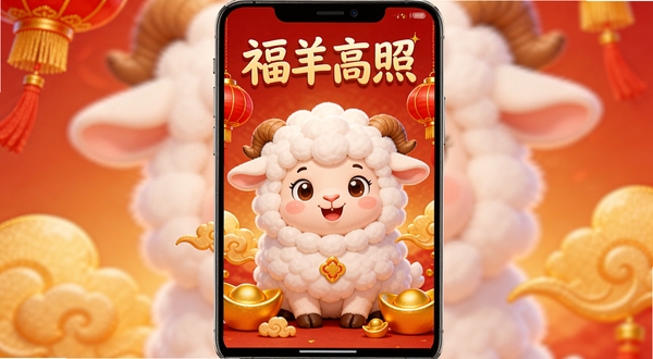 一幅精美的手机竖屏壁纸展示图,画面中央是一只卡通风格、毛茸茸的白色福羊,它面带微笑,身边环绕着金色祥云、红灯笼和元宝等喜庆元素,背景是暖色调的渐变红色,整体画风细腻、色彩饱满,屏幕上方显示“福羊高照”四个字作为应用名称,上下边缘带有手机边框,呈现出真实下载预览场景,明亮柔和的光线,高清质感,适配竖屏比例